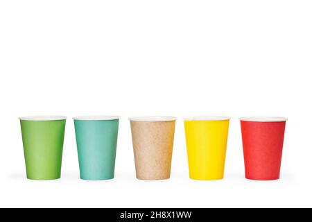 Colored paper cups on a white background with copy space Stock Photo