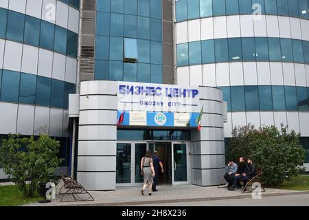 Grozny, Russia - Sept 13, 2021: Entrance in business center in capital city of the Chechen Republic. Office of the Commissioner for Human Rights of th Stock Photo