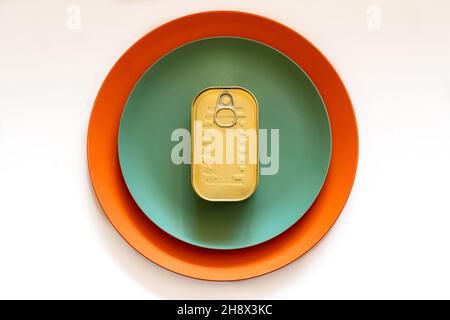 From above of rectangular closed tin can placed on green and orange round plates on white table Stock Photo