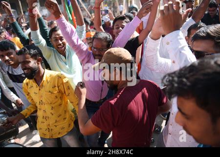 BJP supporters celebrate their victory in the AMC election in front of the counting center at Agartala. Tripura, India. Stock Photo