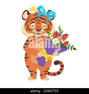 Vector Adorable funny tiger holding flowers isolated Stock Vector