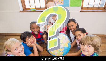 Digital composite of question mark over smiling teacher and students with globe in classroom Stock Photo