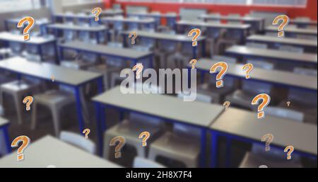 Digital composite of question marks over empty desks and stools in classroom at school Stock Photo