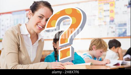 Digital composite of question mark over smiling teacher helping students in classroom Stock Photo