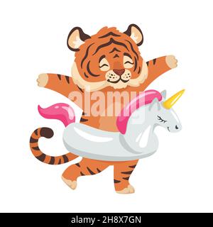 funny tiger in inflatable unicorn circle isolated Stock Vector