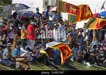 Galle International Stadium, Galle, Sri Lanka; 2nd December 2021;  2nd December 2021; Galle International Stadium, Galle, Sri Lanka; International Test Cricket, Sri Lanka versus West Indies, test 2 of 2, day 4. Fans cheers during the second session Stock Photo