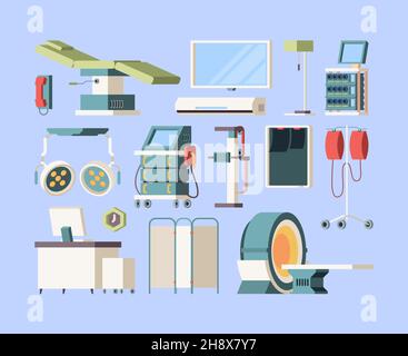 Hospital medical equipment. Ambulance items dentistry tomography machines ultrasound stretcher droppers wheelchair garish vector set Stock Vector