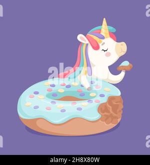 I like donuts. Yummy glazed cake and cartoon unicorn eating slice. Bakery or cafe poster illustration, cute baby vector print Stock Vector
