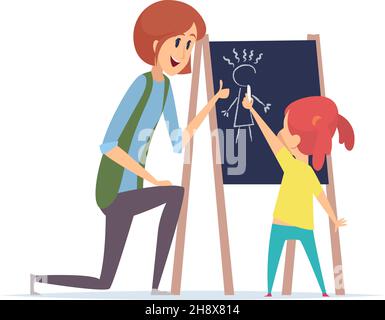 Girl drawing chalk. Little baby learning draw, teacher and kid. Isolated cartoon woman, nanny or babysitter vector illustration Stock Vector