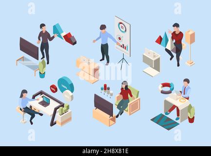 Online conference isometric. Remote workers sitting and home talking with gadgets self isolation house digital work garish vector illustrations Stock Vector