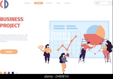 Business landing. Managing marketing processes success startup workflow concept brand production garish vector web page template Stock Vector