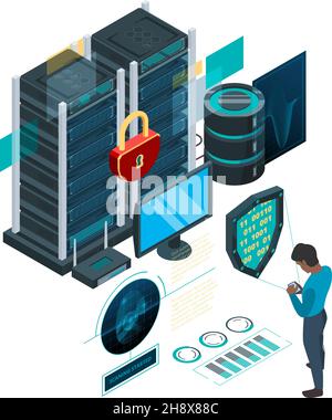 Data protection concept. Cyber security self identity protocol safe software access garish vector isometric pictures Stock Vector