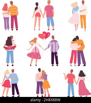 Back view couples. Cartoon characters walking together loving family hugging persons nowaday vector illustrations people Stock Vector