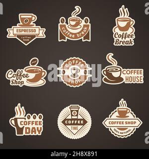 Coffee logo. Mug with coffee beans symbols for logo design stylized steam of hot drinks recent vector badges templates Stock Vector
