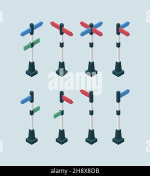 Urban navigation signs. Direction arrows city guide boards travel vector 3d isometric set Stock Vector