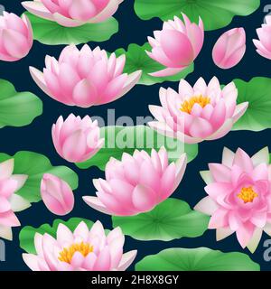 Lotus seamless pattern. Colored tropical nature flowers lotus buds with leaves decent vector realistic background Stock Vector