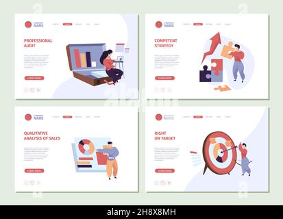 Business characters landing. People planning investment projects person talking about money teamwork solving problems garish vector template of web Stock Vector