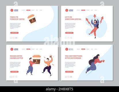 Coffee landing. Natural caffeine stimulation for people hot coffee and tea drinks web design pages template with place for your text garish vector Stock Vector