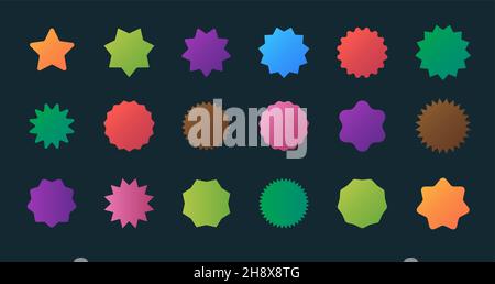 Colored stars emblems. Round sticker shapes promo burst stars sales stylized signs garish vector zigzag circles in flat style Stock Vector