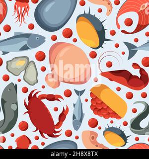 Seafood pattern. Textile design with marine underwater animals lobster fish oyster crab garish vector colored seamless background Stock Vector