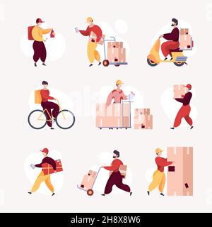 Deliver workers. Delivery services warehouse guy packing movers postman with boxes safety containers garish vector illustrations flat style Stock Vector