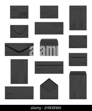 Black envelopes. Luxury dark template of a4 business letters opening and closed premium office envelopes decent vector set Stock Vector