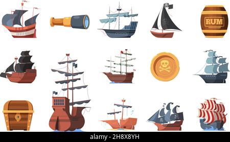 Pirate symbols. Old ships of looters and invaders parrot spyglass hook prey garish vector boats of pirates Stock Vector