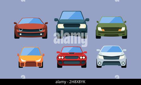Cars front view. Urban vehicles in flat style cargo trucks colored automobiles garish vector illustrations set Stock Vector