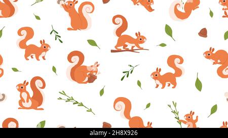 Cute squirrel pattern. Forest wildlife, cartoon red squirrels vector seamless texture Stock Vector
