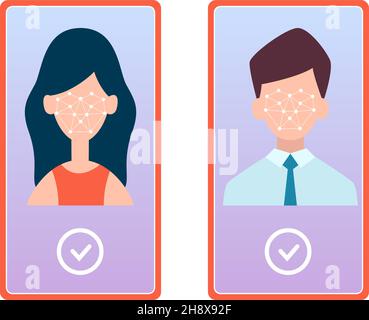 Face recognition. Smartphone accepted information, man woman faces on screen. Data base information safe, new technologies vector concept Stock Vector