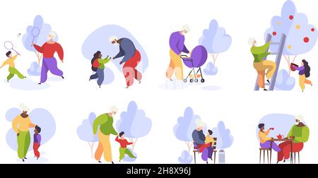 Elderly family. Grandmother and grandfather playing with grandchildren funny kids walking with family garish vector illustrations Stock Vector