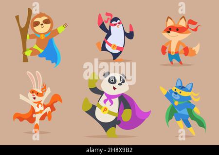 Animals superhero. Funny animals in hero clothes dogs cats strong muscles characters zoo clipart exact vector flat illustrations isolated Stock Vector
