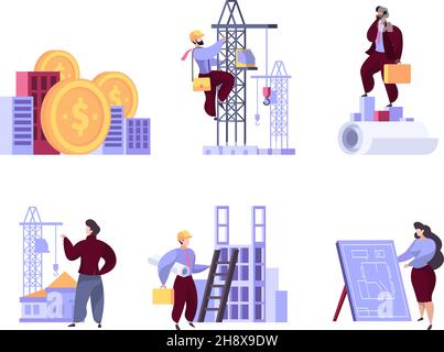 Construction business metaphores. Project managing for commercial real estate investment builders conversation garish vector abstract metaphores Stock Vector