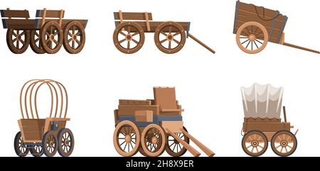 Wooden wagon. Vintage carriage western wild west vehicles old farm cart with big wheel garish vector illustrations in flat style Stock Vector