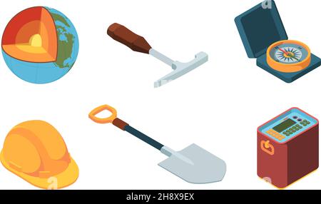 Earth exploration. Isometric geologist equipment ground layers mantle of earth technology processes garish vector colored illustrations isolated Stock Vector