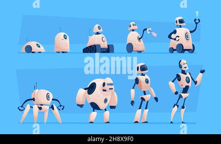 Smart technic evolution. Cyborg home chatbot android from steel exact vector flat characters isolated Stock Vector