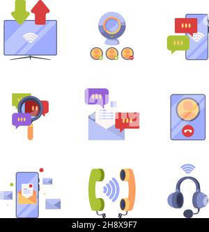 Online communication. Ads icon set concept pictures of internet dialogue web conversation and banking symbols for app developed garish vector design Stock Vector