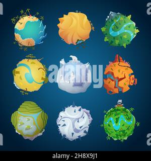 Cartoon earth. Round planets surfaces cold and hot climatic zones with snow hot sand tropical place rocks ocean water volcano lava exact vector Stock Vector