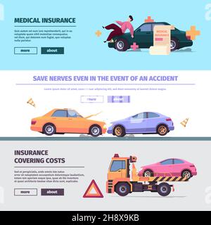 Insurance cars banners. Accident on road with damaged vehicles traffic car elements garish vector templates with place for text Stock Vector