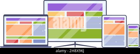 Responsive web. Business site pages templates adaptive design various gadgets screen visualisation computer desktop smartphone laptop layout garish Stock Vector