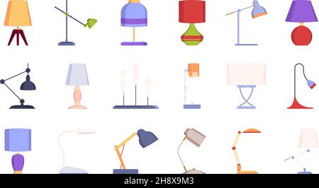 Decorative lamp. Interior modern objects desk lamp lighting symbols garish vector flat pictures collection set Stock Vector