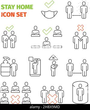 Stay home icon. Social area healthcare prevention covid vaccination public self disinfection garish vector icon collection Stock Vector