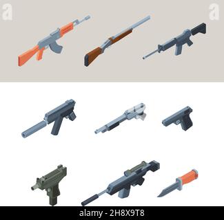 Soldiers guns. Isometric weapons automatic arms for modern warriors garish vector guns for war collection pictures isolated Stock Vector