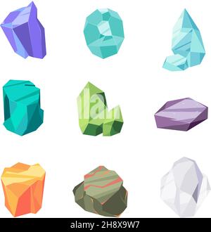 Uncut gems. Colored mineral diamond crystal silver and gold stones mining industry garish vector game illustrations in cartoon style isolated Stock Vector