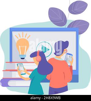 People study with smartphones. Remote education, distance language courses for every. Guys watch tutorials, webinars or trainings vector concept Stock Vector