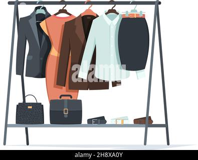 Clothes on hangers. Business textile things for male and female persons dresses shirts pants suits hangs in wardrobe garish vector flat collection Stock Vector