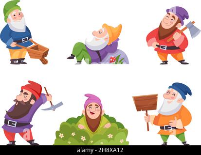 Garden gnome. Street decoration fairytale dwarf in various poses exact vector fantasy characters Stock Vector