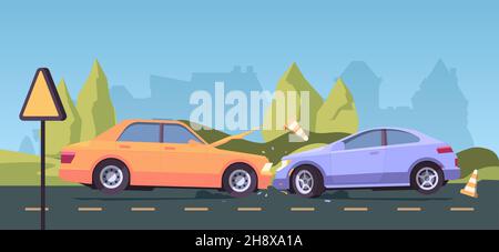 Accident on road. Urban landscape with damaged cars crash automobiles insurance problems garish vector background illustrations Stock Vector