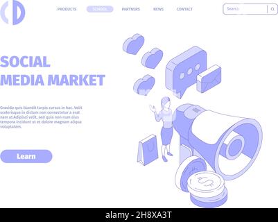 Social media landing. Internet connection business communication marketing symbols garish vector illustrations flat icons set Stock Vector