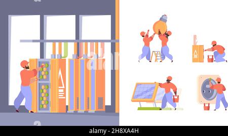 Electrician workers. Stylized characters installing electrically systems repair processes energy systems garish vector illustrations collection set Stock Vector